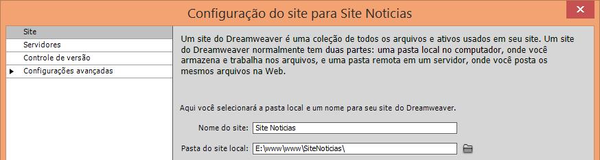 SITE Configure conforme abaixo, fornecendo um