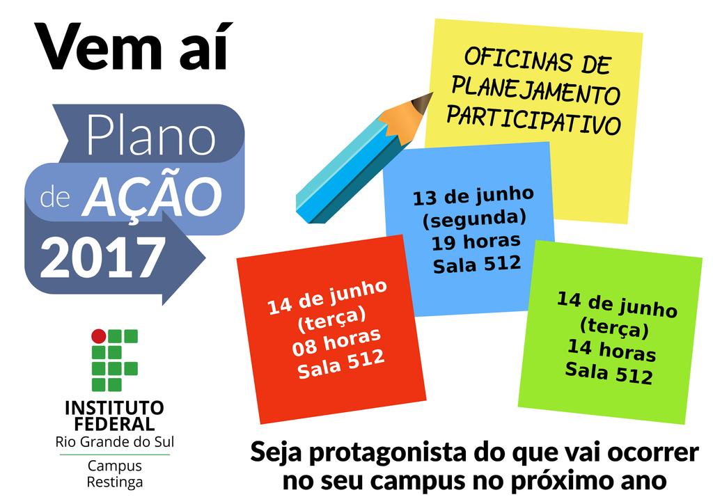 1) Oficinas de Planejamento Participativo: oficinas, utilizando metodologias participativas de planejamento, para identificar sugestões e prioridades de ação na comunidade do Campus.