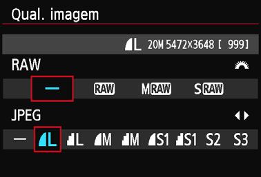Selecione a qualidade de gravação de imagem. Para selecionar uma definição RAW, rode o seletor <6>. Para selecionar uma definição JPEG, carregue na tecla <U>.