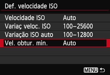 i: Definir a Velocidade ISON 3 Definir a Velocidade Mínima do Obturador para ISO Auto Se ISO Auto estiver definida, pode definir a velocidade mínima do obturador (1/250 seg. para 1 seg.