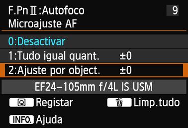 8: Microajuste AF 2: Ajustar por objetiva Pode fazer o ajuste para cada objetiva e depois registá-lo na câmara. Pode registar o ajuste para um máximo de 40 objetivas.