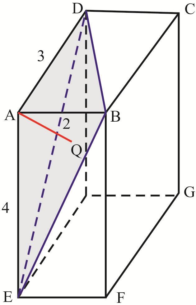 d) Do item b tem-se que o volume do tetraedro ABDE é 4u.v. Sendo AQ a menor distância do ponto A ao triângulo BDE, então AQ é a altura do tetraedro ABDE em relação à base BDE.