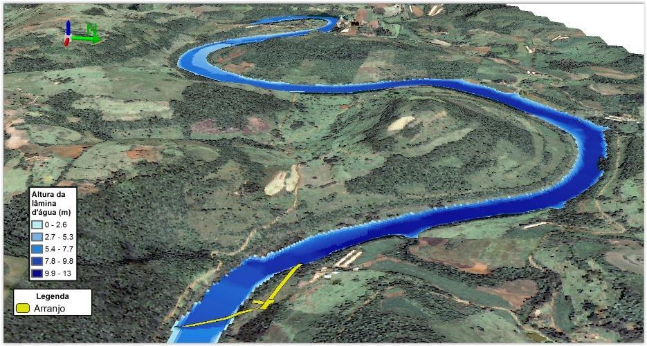 Figura 5.9 - Condição do rio do Peixe 5 minutos após a ruptura, juntamente com a condição topográfica do vale a jusante. 5.3.2.