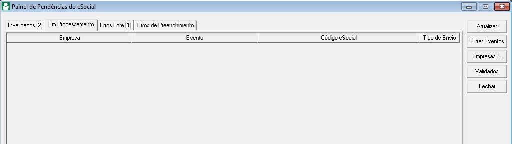 Empresa, Evento, Código esocial e Tipo de Envio serão apesentadas, trazendo a identificação de cada evento.