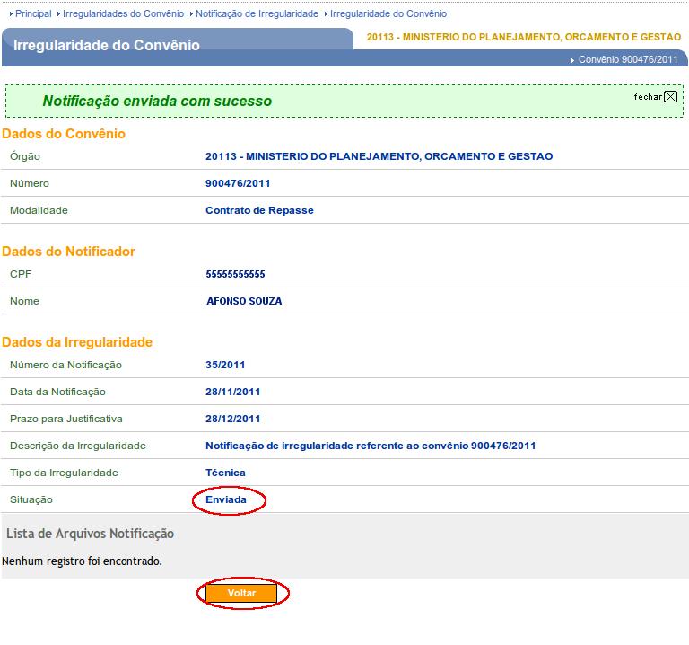 Figura 84 O sistema exibirá a lista de Irregularidades com as notificações e suas respectivas situações.