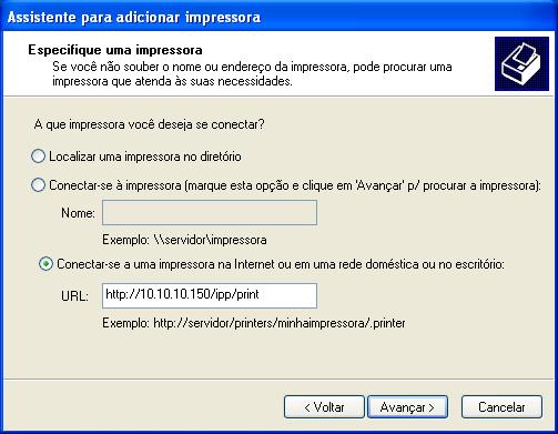 IMPRESSÃO NO WINDOWS 51 5 Windows 2000/XP/Server 2003/Vista: No campo URL, digite o endereço IP ou o nome DNS do EX8002, seguido por ipp/ e o nome da conexão (Em espera, Direta ou Impressão).