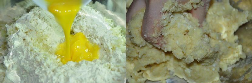 No meio da massa, faça um buraco e adicione o ovo batido.