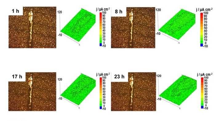 Figura 5 - Imagens dos corpos de prova e mapas de densidade de correntes para as chapas de aço carbono revestidas com tinta alquídica contendo 15 % m/m de sílica mesoporosa com diferentes tempos de