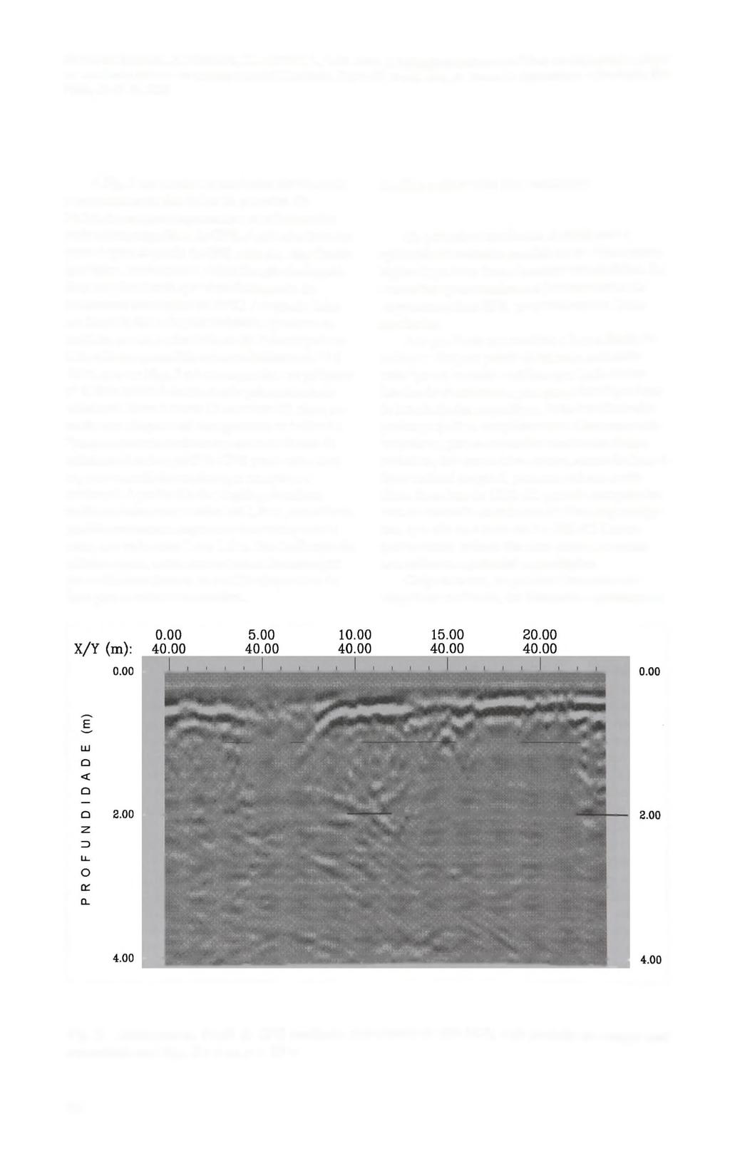 A Fig. 5 nos mostra os resultados obtidos após o processamento dos dados de georadar. Os horizontes em preto representam os refletores das ondas eletromagnéticas do GPR.