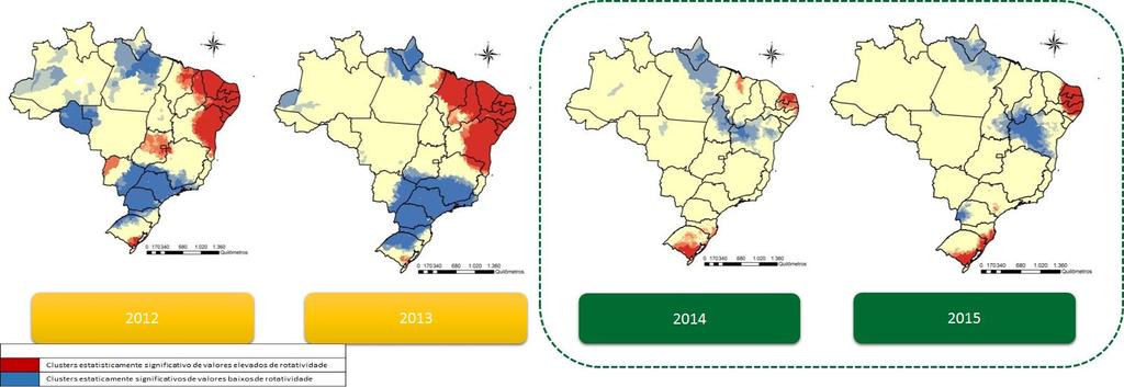 Figura 5 - Clusters espaciais de valores referentes à rotatividade de profissionais médicos junto às equipes de atenção primária De forma geral, os dados demonstram que o PMM de fato cumpriu sua