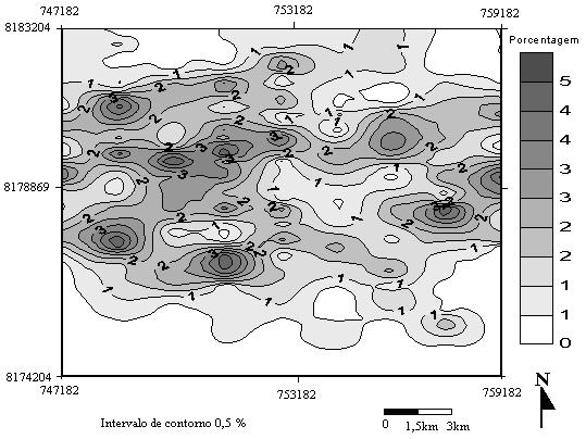Aplicação dos Métodos Drastic e Posh para a Determinação da Vulnerabilidade e Perigo à Contaminação do Aquífero Furnas na Cidade de Rondonópolis-MT Figura 8 - Mapa de inclinação percentual da