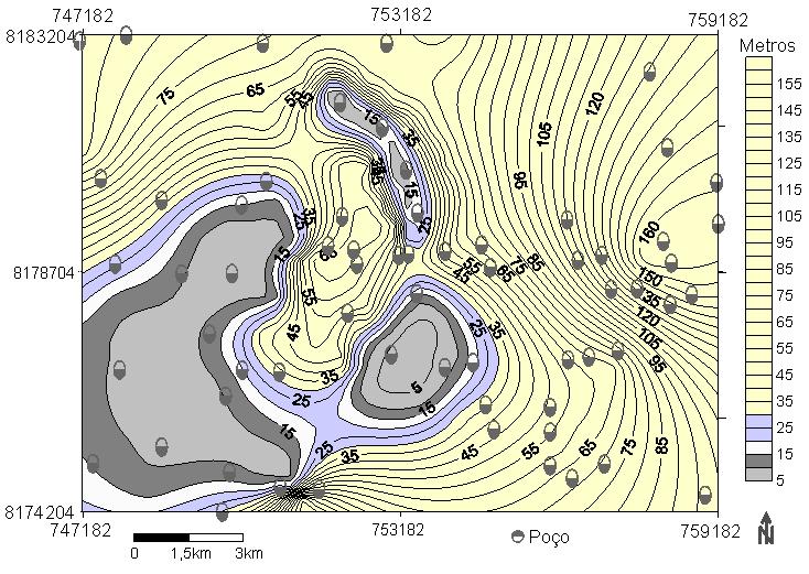 Aplicação dos Métodos Drastic e Posh para a Determinação da Vulnerabilidade e Perigo à Contaminação do Aquífero Furnas na Cidade de Rondonópolis-MT Figura 5 - Mapa potenciométrico do Aquífero Furnas