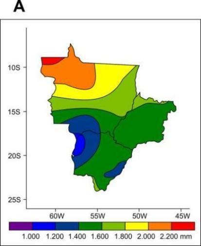 Figura 2.4 A) Distribuição espacial da precipitação média anual (mm/ano) na região Centro-Oeste.