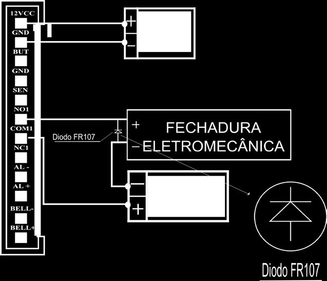 6.2. Fechadura eletromecânica 12 Vdc GND BUT GND SEN NO1 COM1 Diodo FR107 NC1 AL- AL+ BELL- BELL+ Fonte 12 Vdc SA 310 Fechadura eletromecânica Fonte 12 Vdc Fechadura Esquema de ligação fechadura