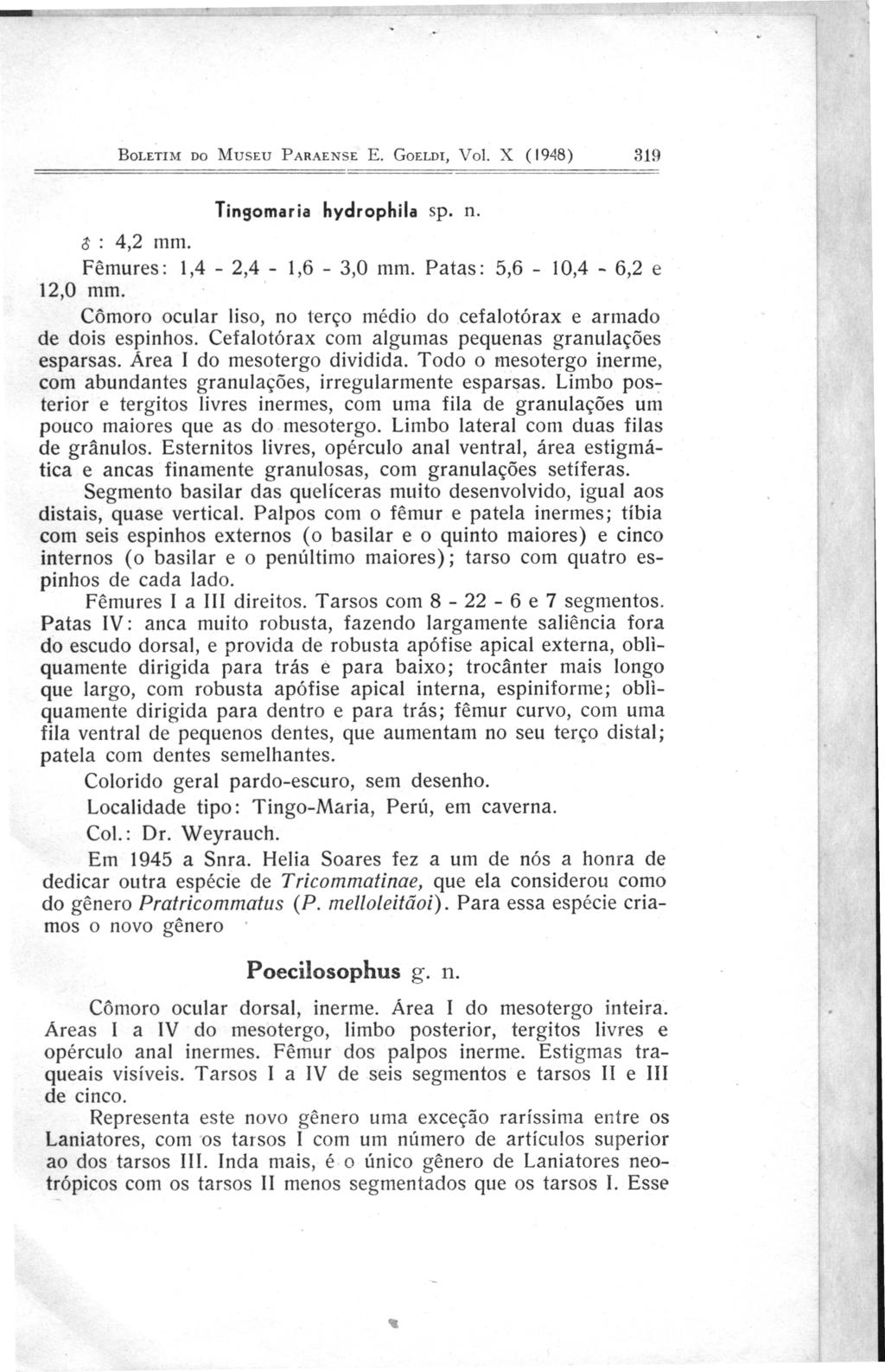 BoLETIM oo MusEu PARAENSE E. GoELDI, Vol. X (1948) 319 Tingomaria hydrophila sp. n. ~: 4,2 mm. Fê mures: 1,4-2,4-1,6-3,0 mm. Pat~s: 5,6-10,4-6,2 e 12,0 mm.