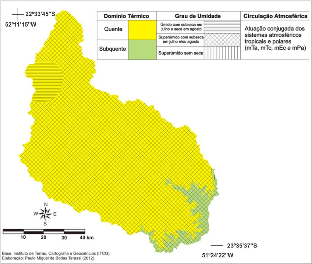 Figura 4: Distribuição da tipologia climática de Nimer (1972) para a bacia hidrográfica do rio Pirapó - PR. 4. CONSIDERAÇÕES FINAIS O sistema de classificação climática de Köppen (1918) dividiu a bacia do rio Pirapó em duas áreas com características distintas.