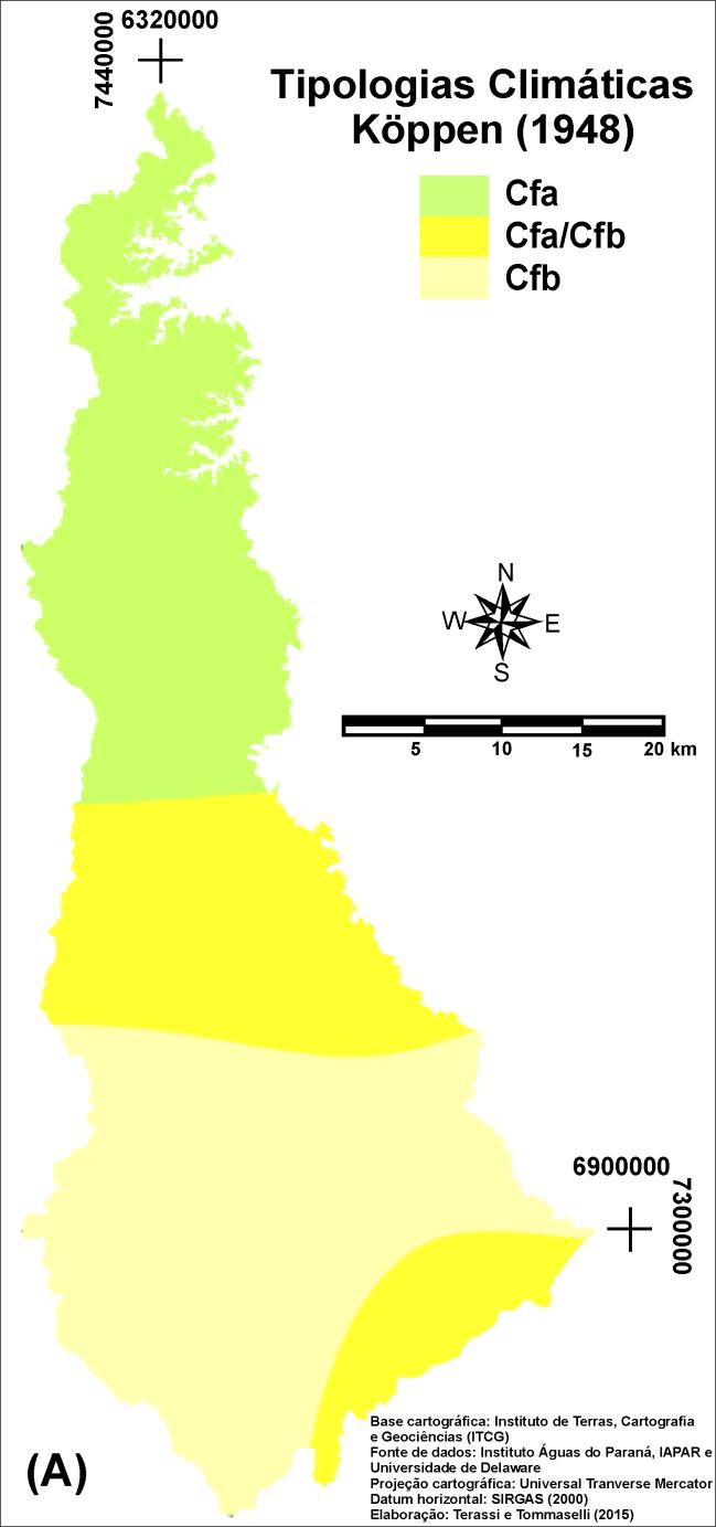 Figura 3 - Distribuição espacial das tipologias climáticas de Köppen (1948) (A) e Thornthwaite (1948) (B) para a bacia hidrográfica do rio Itararé - PR.