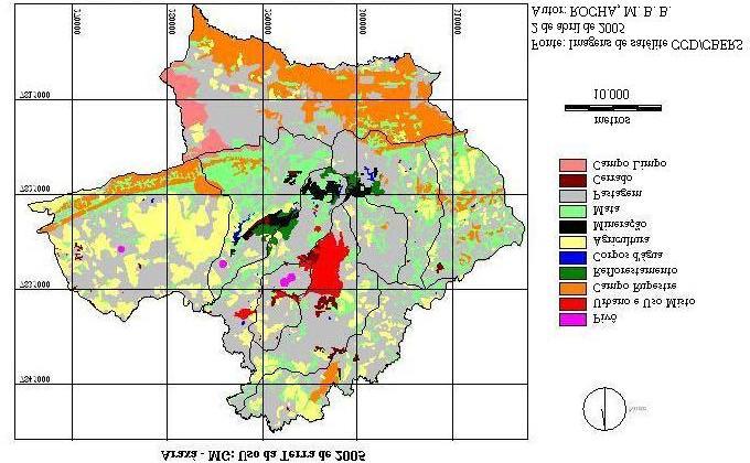 Distribuição percentual das categorias de uso da terra - 1985 % 60 50 40 30 20 10 - Pastagem Campo Rupestre Mata Agricultura Campo Limpo Cerrado Urbano e Uso Misto Mineração Corpos d'água