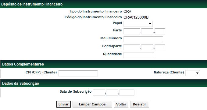 Opção - Depósito sem financeiro Permite ao Participante Emissor/Detentor efetuar o lançamento de uma operação de depósito sem financeiro, com prazo decorrido até D-1 dia útil, inclusive, do