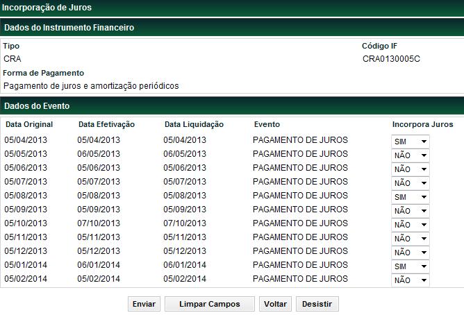 Tela Incorporação de juros Após