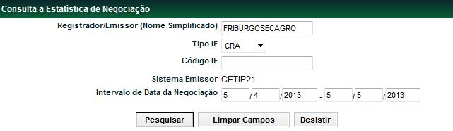 Estatística de negociação Menu Títulos e Valores Mobiliários > Consultas > Estatísticas de negociação Visão Geral Consulta disponível para os seguintes instrumentos financeiros do