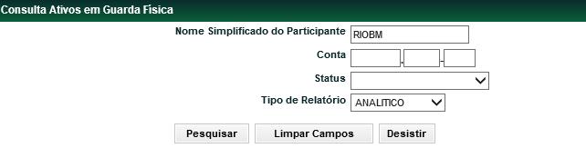 Ativos em Guarda Física Menu Títulos e Valores Mobiliários > Consultas > Ativos em Guarda Física Visão Geral Esta consulta detalha a quantidade de ativos em custódia dos agentes de guarda