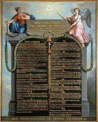 3 - O pintor francês Jean-Jacques-François Le Barbier apresentou a Declaração dos Direitos do Homem e do Cidadão, aprovada em 1789, tal como a Tábua dos Dez Mandamentos. Alegorias compõem a imagem.