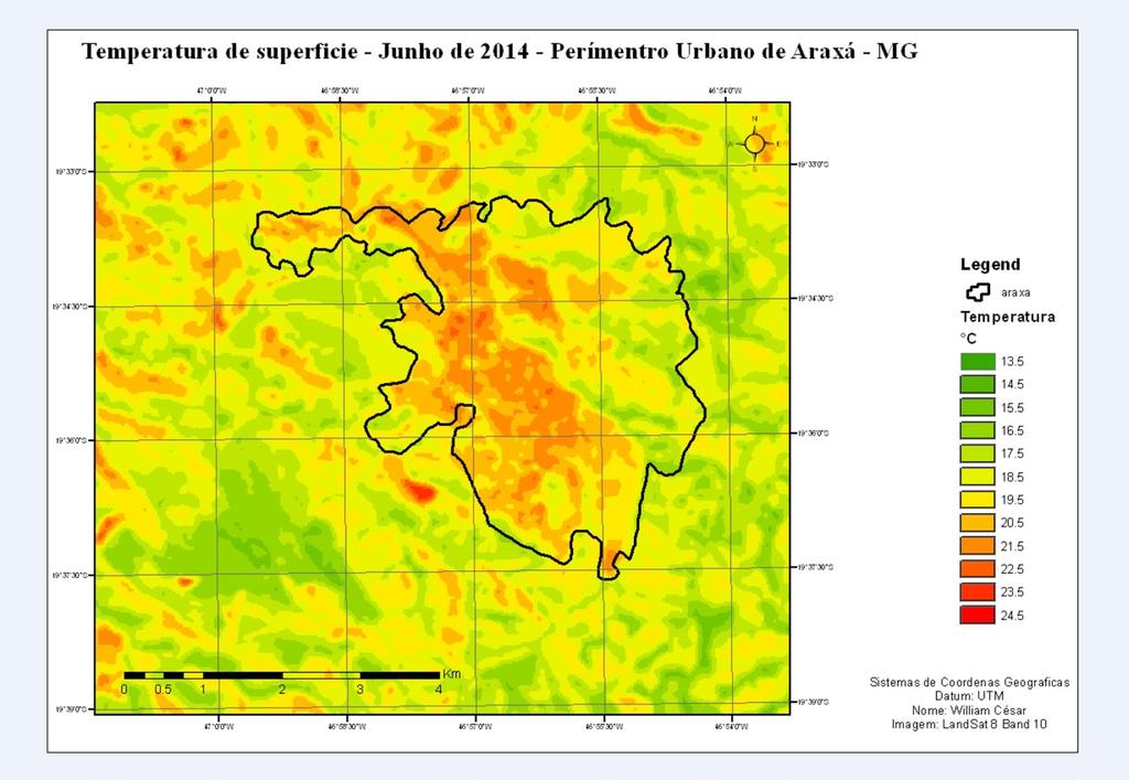 Figura 2 - Temperatura de superfície do mês de junho de 2014 do perímetro urbano do município de Araxá/MG pelas cores em amarelo e laranja.