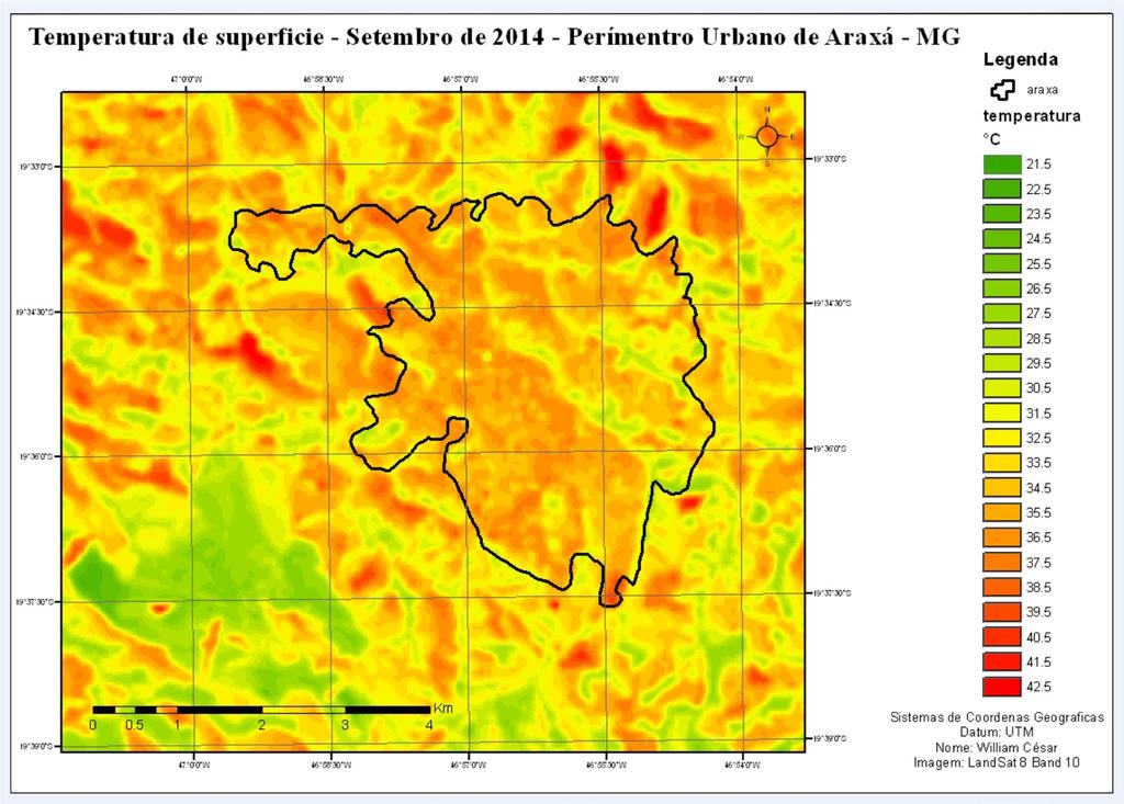 Figura 3 - Temperatura de superfície do mês de setembro de 2014 do perímetro urbano do município de Araxá MG Considerações Finais Ressalta-se que as temperaturas levantadas com o uso do sensor TIR do