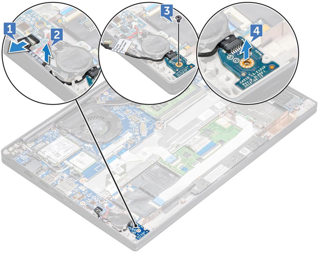 AVISO: Evite puxar o cabo, pois isso poderia romper o conector do cabo. Em vez disso, use um estilete para soltar o cabo do LED do seu conector. b Remova o cabo de LED do canal de roteamento [2].