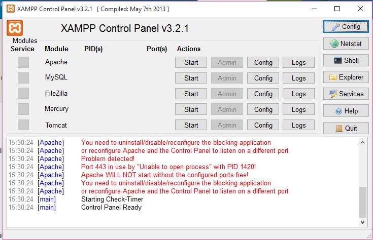74 Passo 5: Feita a instalação, inicie o painel de controle do XAMPP e clique em Start para iniciar os serviços Apache.