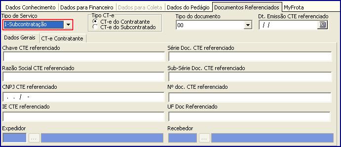 7.2.2 Clique o botão Incluir e marque a opção Normal da caixa CT-e; 7.2.3 Siga os procedimentos descritos nos itens 7.1.3 a 7.1.9; 7.2.4 Na aba Documentos Referenciados, opção Tipo de Serviço selecione a opção 01 - Subcontratação: Quando se tratar de CT-e Subcontratação os campos: Expedidor e Recebedor serão desabilitados.