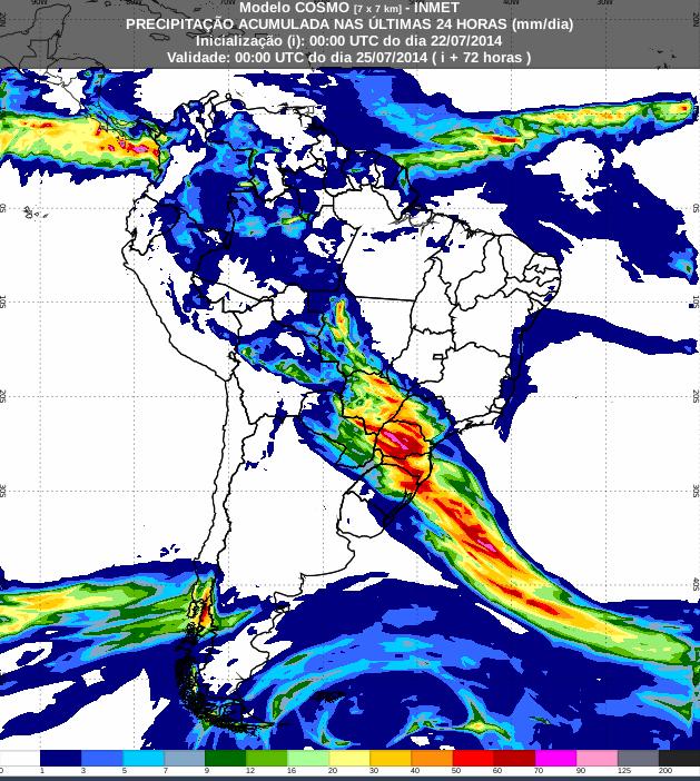 sudoeste. No sul da área, a sudoeste, acumulados elevados que podem atingir mais de 60mm, do norte do RS ao sul de SP, bem como no MS. e em MT. no Noroeste, tem-se acumulados menores previstos.