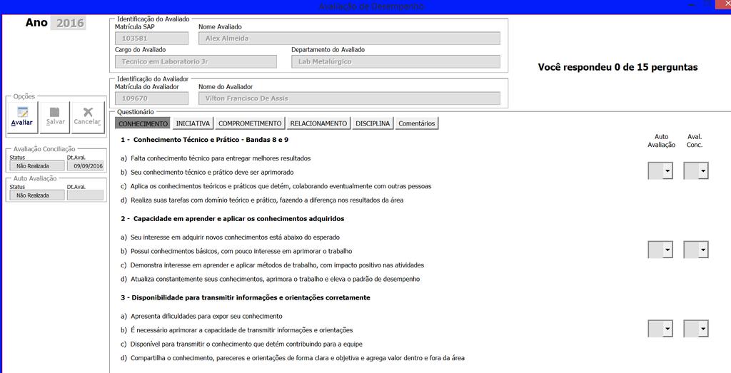 Tela de avaliação para feedback 3º) Navegue entre as abas para responder todas as questões. Ao final inclua os seus comentários.