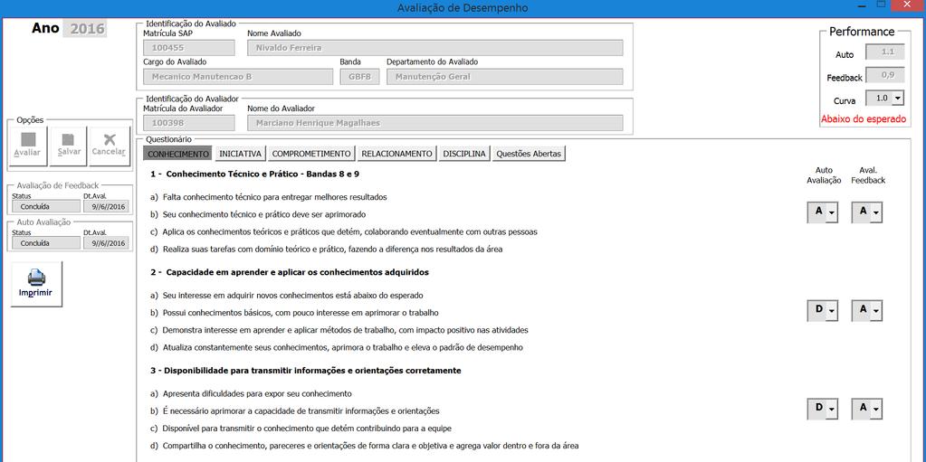 Tela de resultado da avaliação de feedback Clique em Imprimir para gerar o documento que deve