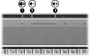 Ajuste do volume É possível ajustar o volume utilizando os seguintes controles: Botões de volume do computador: Para desativar ou restaurar o volume, pressione o botão de sem áudio (1).