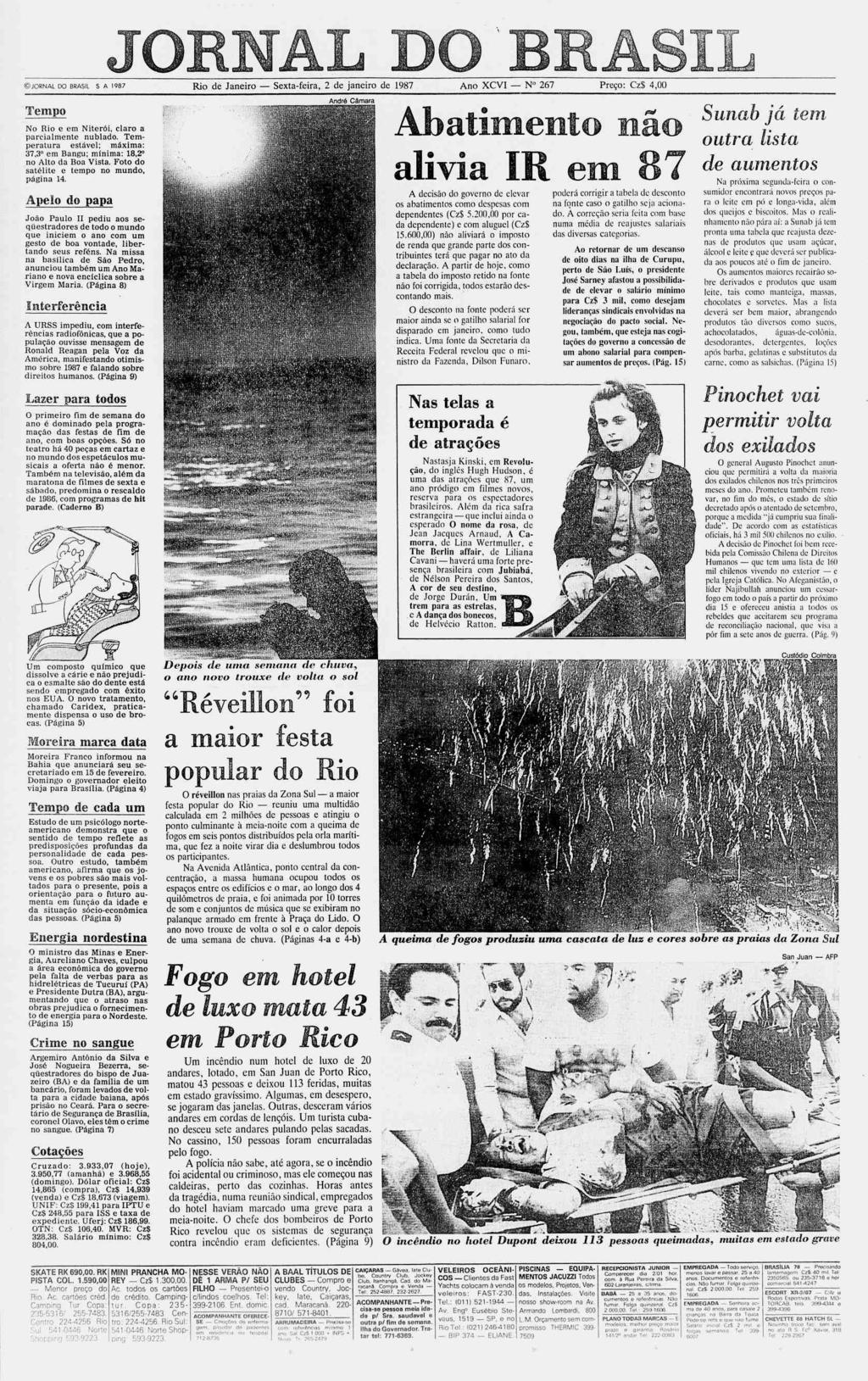 )JORNAL DO BRASIL S A 1987 Rio de Janeiro Sexta-feira, 2 de janeiro de 1987 Ano XCVI N 267 Preço: CzS 4,00 Tempo No Rio e em Niterói, claro a parcialmente nublado.