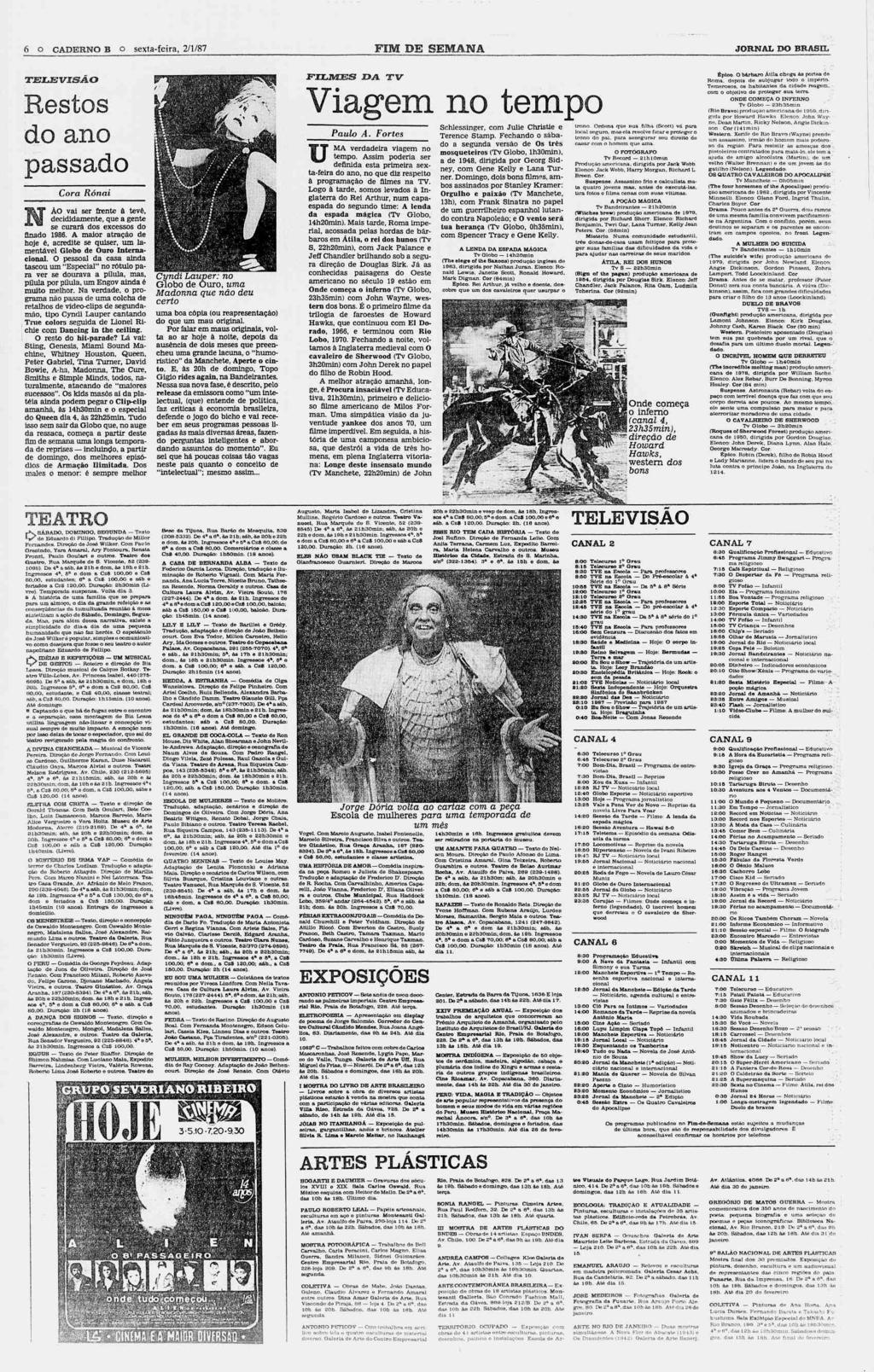 6 o CADERNO B o sexta-feira, 2/1/87 FIM DE SEMANA JORNAL DO BRASIL TEZmEVISÃO Restos do ano passado Cora Rónai ÁO vai ser frente à tevê, decididamente, que a gente se curará dos excessos do finado