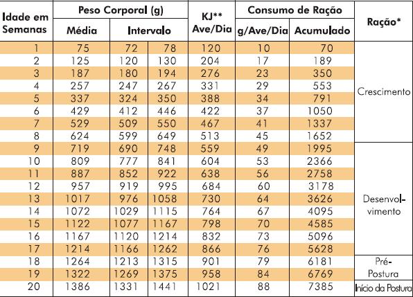 Tabela 8- Desenvolvimento do peso corporal e consumo de ração com programa de luz padrão da linhagem Lohmann LSL OBJETIVOS DE CONTROLAR O PESO CORPORAL Avaliar o desenvolvimento corporal