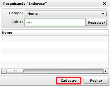 Clique sobre o botão Novo para fazer o cadastro, depois clique sobre a lupa para o escolher o tipo por exemplo: rua, alameda, avenida, jardim, rodovia.