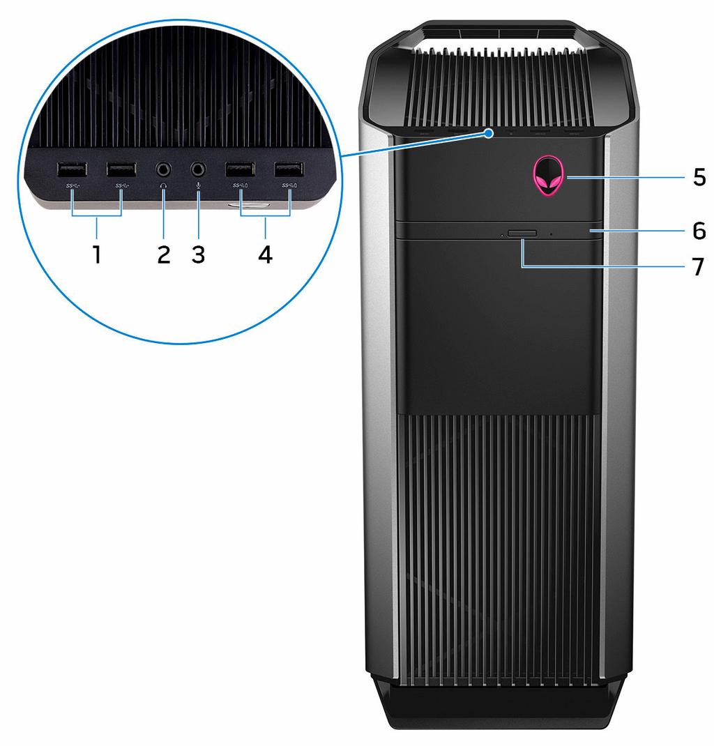 Exibições Frente 1 Portas USB 3.0 (2) Conecte periféricos como dispositivos de armazenamento e impressoras. Proporcionam velocidades de transferência de dados de até 5 Gbps.