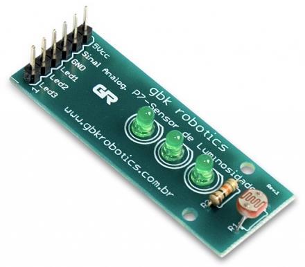 Variação de Montagem 2 Módulo P7-Sensor de Luminosidade da GBK Robotics Este projeto pode ser montado substituindo o LED, o LDR, os Resistores de 220 ohms (ou 330 ohms) e 10k ohms e a Protoboard pelo