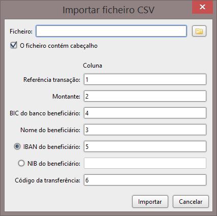 7.3.1.7 Apagar transação Para apagar uma transação, selecionar a transação da lista de transações e premir o botão de apagar por cima da lista de transações. 7.3.1.8 Importar transações de ficheiro CSV É possível importar uma lista de transações a partir de um ficheiro CSV.