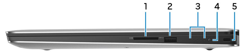 Direita 1 Slot para cartão SD Lê e grava em cartão SD. 2 Porta USB 3.1 de 1ª geração com PowerShare Conecte os periféricos como, por exemplo, armazenamento dispositivos e impressoras.