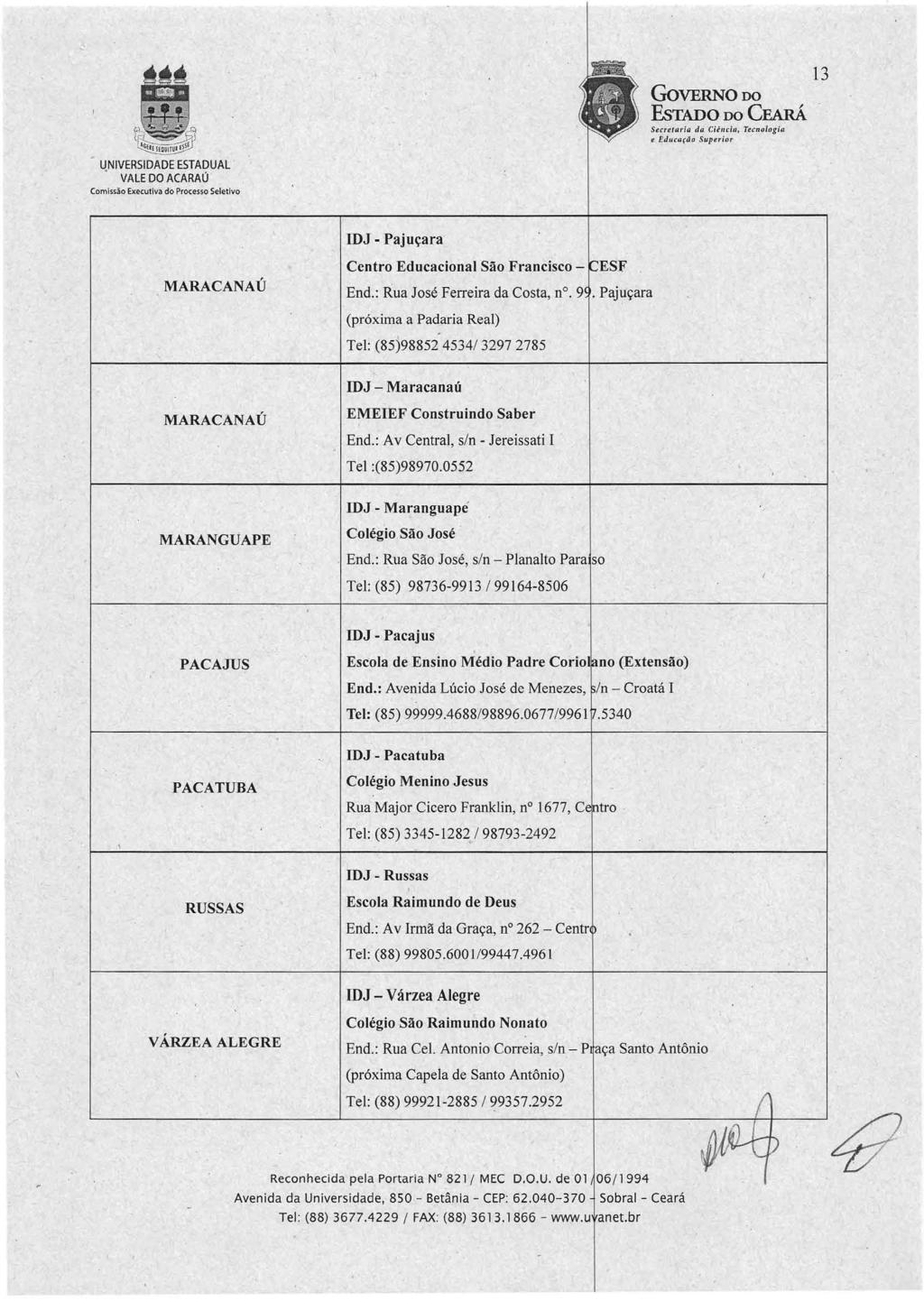 Secret ar!a da Ciência, Tecnologta e E'dllcação Superior 13 ' IDJ - Pajuçara MARACANAÚ Centro Educacional São Francisco - ESF End.: Rua José Ferreira da Costa, n. 9.