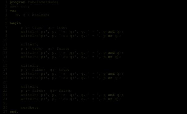 Apêndice C Exemplos de Código 143 C.2.6 - Este programa demonstra o uso de operadores lógicos e Tabela Verdade. No programa são definidas duas proposições simples: p e q.