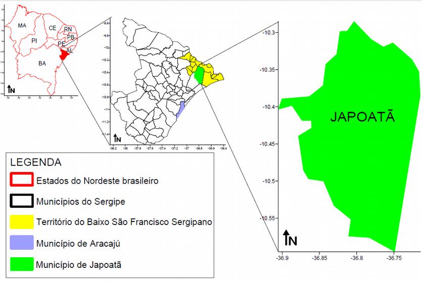 O acesso principal é feito a partir de Aracaju, pelas rodovias pavimentadas BR-101, e SE335, num percurso total de 94 Km. Figura 02: Localização da Bacia SergipeAlagoas. Fonte: Cunha (2010). 1.2.1 Figura 01: Localização do município de Japoatã.