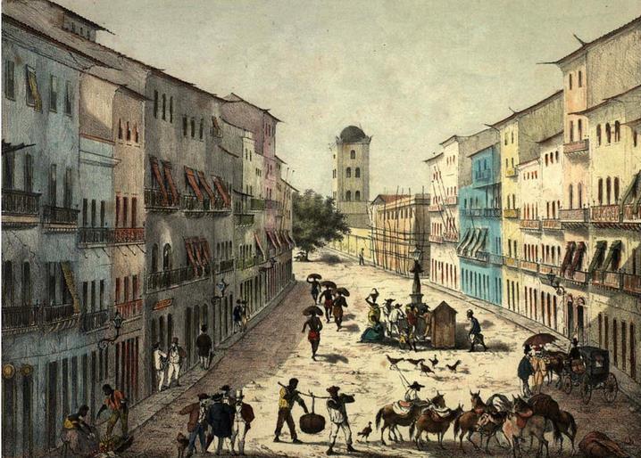 Imagem: Antiga Rua da Cruz, atual Rua do Bom Jesus. Gravura de Luis Schlappriz entre 1863-68.