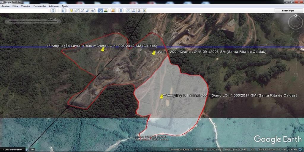 Figura 5 Localização das áreas de atividade de lavra do empreendimento, os quais foram identificados os respectivos atos autorizativos de regularização ambiental (linha vermelha: perímetro da