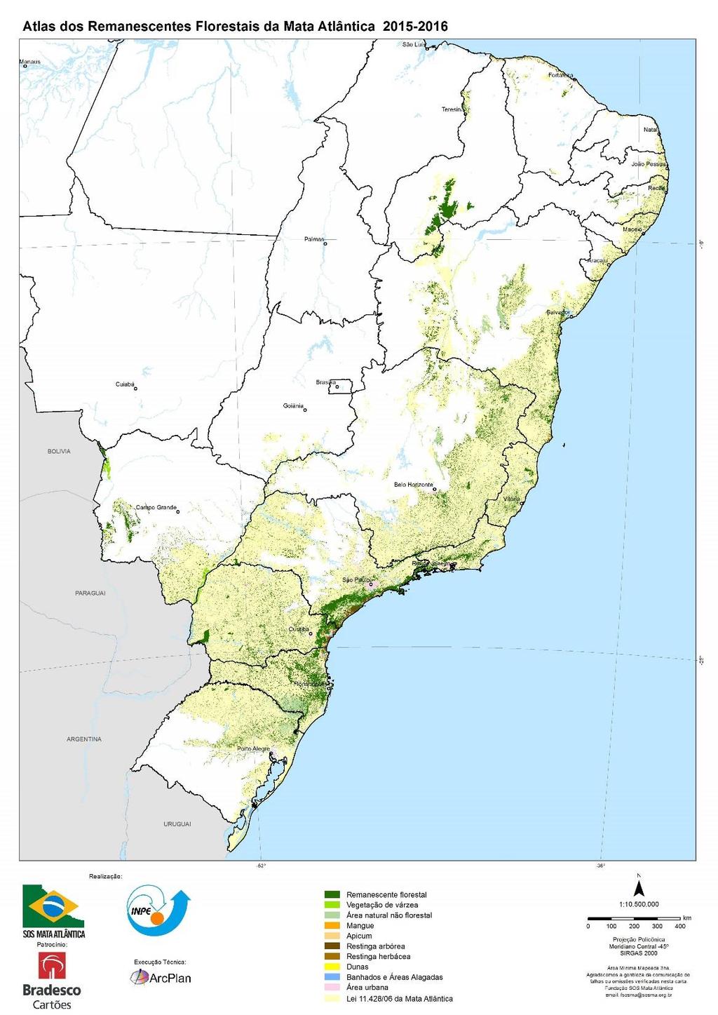 MATA ATLÂNTICA Reduzida a 8,5% Soma das áreas de Mata Atlântica acima de 100ha representativas para a conservação da biodiversidade,